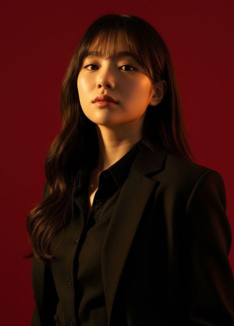 A photorealistic young woman with long dark hair and straight fringe bangs wears a black blazer and black shirt against a deep crimson-red studio backdrop under dramatic warm amber lighting.