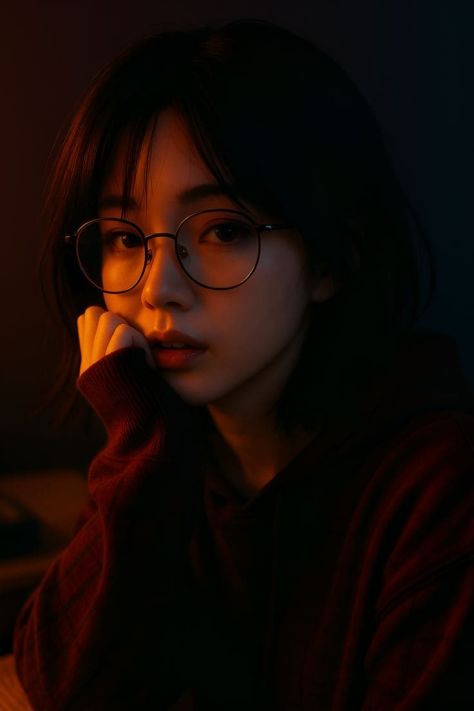 A photorealistic young woman in an oversized burgundy hoodie and round metal-frame glasses rests her raised hand against her cheek under dramatic amber and teal split lighting.