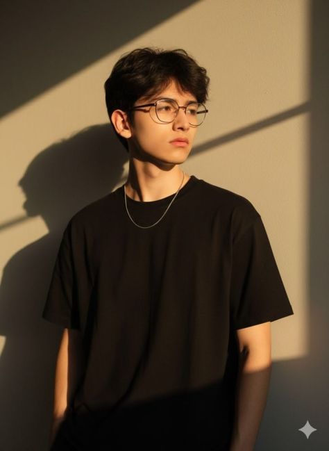 A photorealistic young man with natural short facial hair, dark metal glasses, a silver chain and an oversized black T-shirt looks off-camera under hard golden-hour sunlight against a cream wall with geometric window shadows.