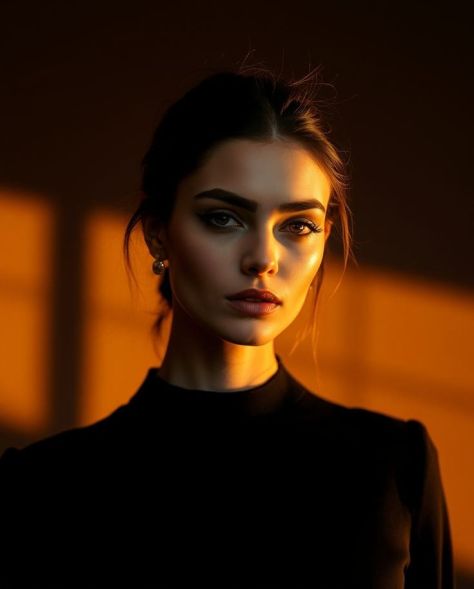 A photorealistic woman with a sleek low updo and direct gaze wears a structured black high-neck top under dramatic amber-orange lighting against a softly blurred warm studio background.
