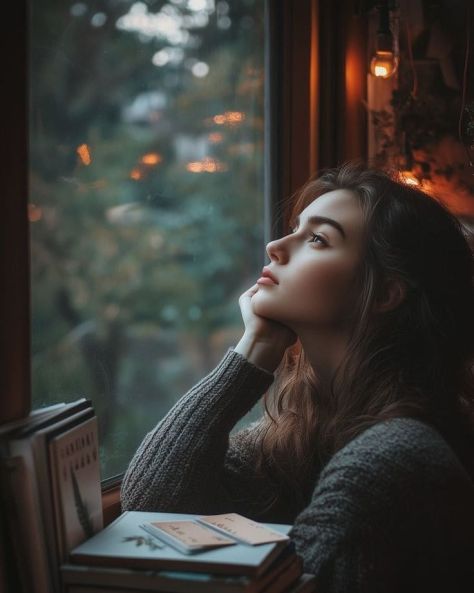 A photorealistic woman in a dark charcoal knit sweater rests her chin on one hand beside a large window, gazing upward through cool teal daylight while warm amber bulbs glow behind her.