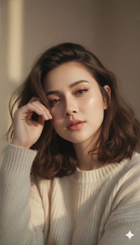 A photorealistic woman in a soft oatmeal-ivory knit sweater looks directly into the camera while raising one hand beside her temple against a warm taupe-beige background with soft window light.
