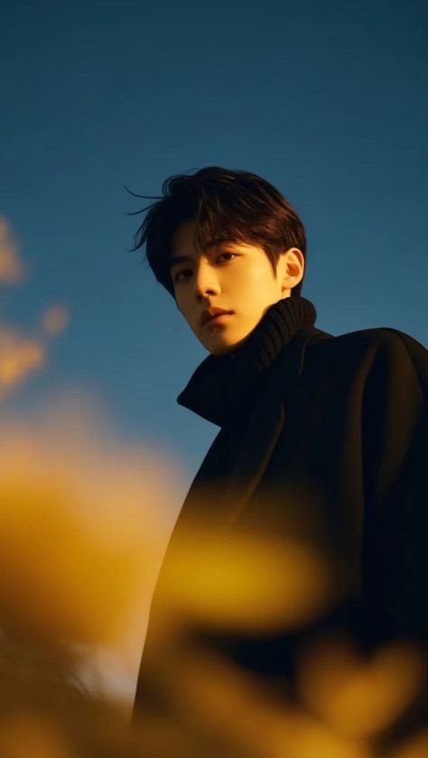 A photorealistic low-angle portrait of a young East Asian man in a black overcoat and ribbed turtleneck, illuminated by warm golden-hour light against a deep blue sky with blurred amber forms in the foreground.