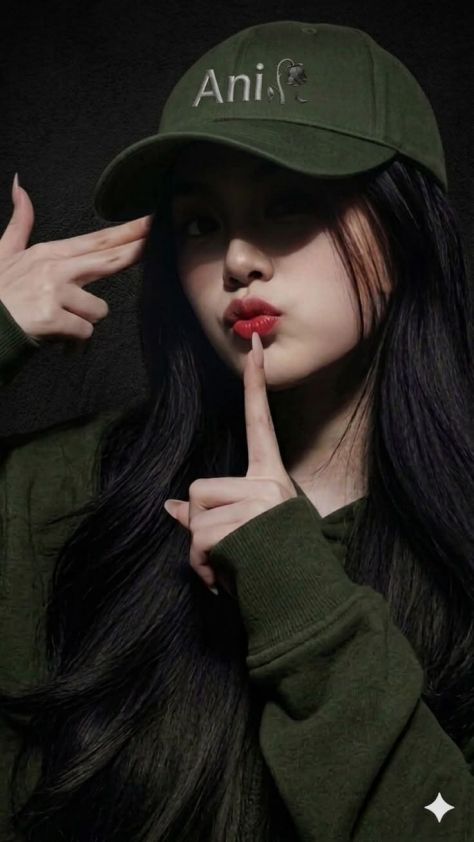 A photorealistic young woman in a dark olive cap and oversized sweatshirt poses against a near-black studio wall, pointing toward her temple while pressing one finger to her glossy cherry-red lips.