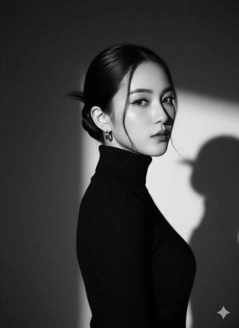 A high-contrast black-and-white editorial portrait of a feminine-presenting young adult in a fitted ribbed turtleneck, turning her face toward the camera with a sleek low bun and two small metallic hoop earrings.