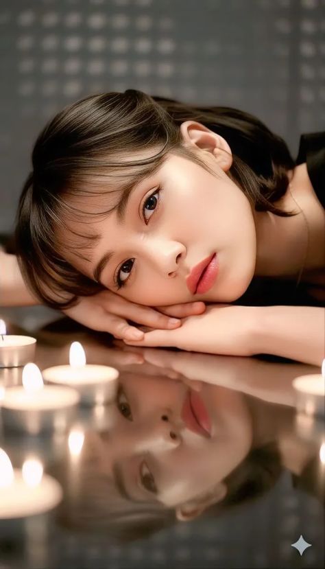A photorealistic candlelit portrait of the same young woman from the uploaded reference resting her head on folded arms over a reflective table with tea-light candles, wearing a fitted black top in a dark intimate editorial setting.
