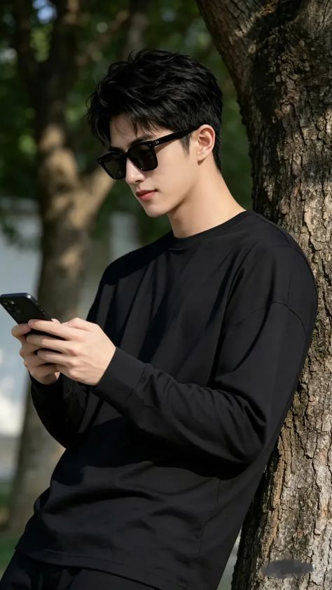 A photorealistic portrait of the same young man from the uploaded reference leaning against a textured tree while looking down at a black smartphone, wearing an oversized black outfit in a softly blurred wooded setting.