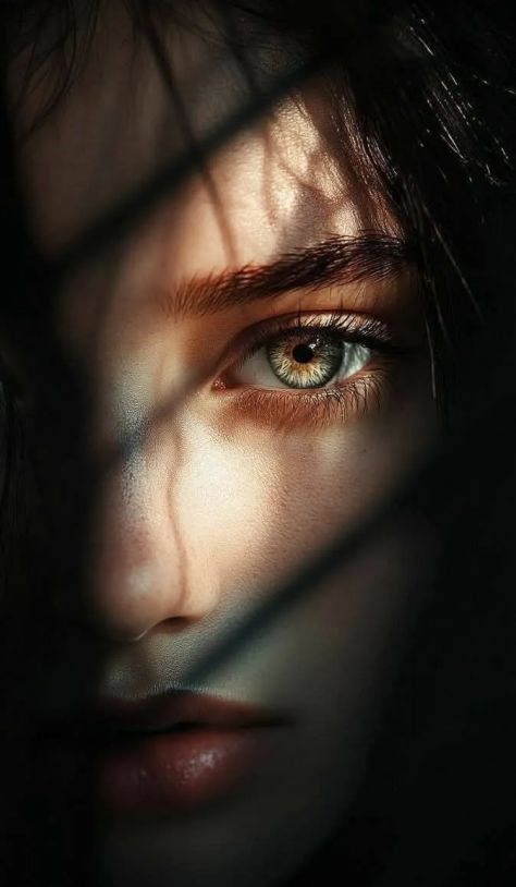 A cinematic extreme close-up of the same young woman from the uploaded reference showing one gray-green eye, glossy rose-brown lips, and dramatic diagonal shadow bands across her face against a nearly black background.
