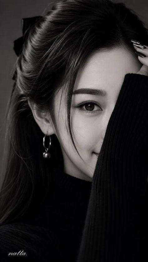 A high-contrast monochrome editorial beauty portrait of the same young woman from the uploaded reference, showing one visible eye with direct camera contact, a raised sleeve concealing half of her face, voluminous dark hair with a bow, a black ribbed turtleneck, pearl-drop hoop earring, and long decorated nails against a charcoal studio background.