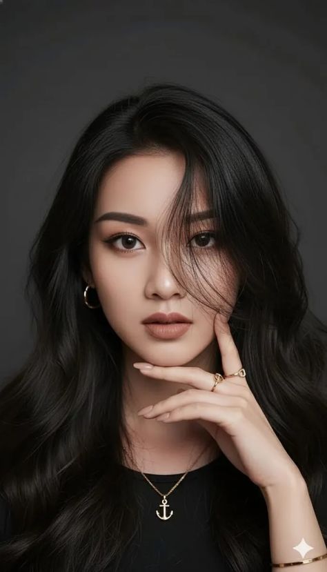 A photorealistic glamour editorial portrait of the same young woman from the uploaded reference with direct eye contact, voluminous dark wavy hair, full makeup, a raised hand with nude-pink nails and delicate gold rings, a gold anchor pendant necklace, black crew-neck top, and a charcoal-gray studio background.
