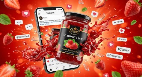 Floating glass jar of strawberry jam surrounded by fruit splashes, social media icons, and a smartphone UI in a vibrant cinematic red-orange advertising scene.