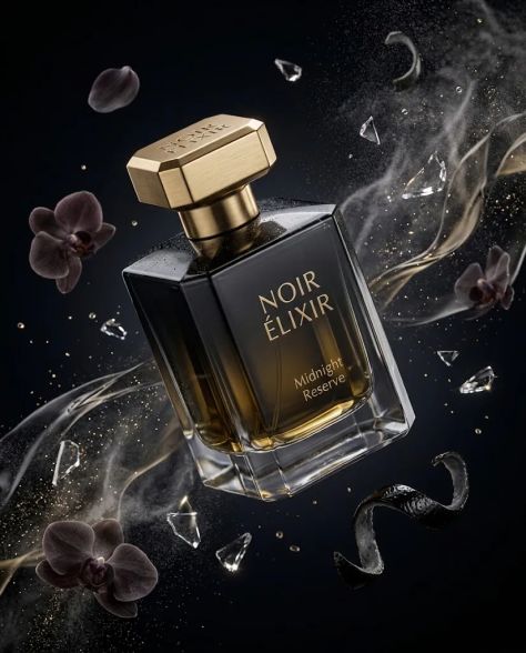 Floating faceted black crystal perfume bottle labeled NOIR ÉLIXIR Midnight Reserve surrounded by mist, gold particles, and dark floral elements in a cinematic luxury studio setting.