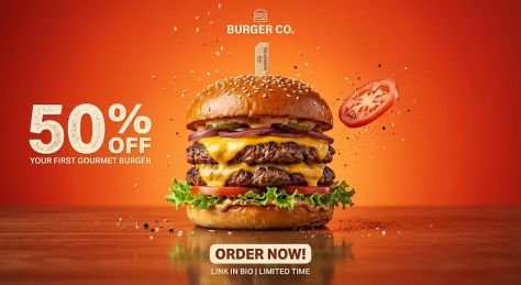 Ultra-realistic social media advertising poster of a gourmet double cheeseburger with floating ingredients, cinematic lighting, and vibrant gradient background for promotional marketing.