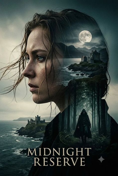 A cinematic dark fantasy vertical poster featuring a hyper-realistic side profile portrait with wet hair, dramatic lighting, double exposure effects, and epic movie-style composition.