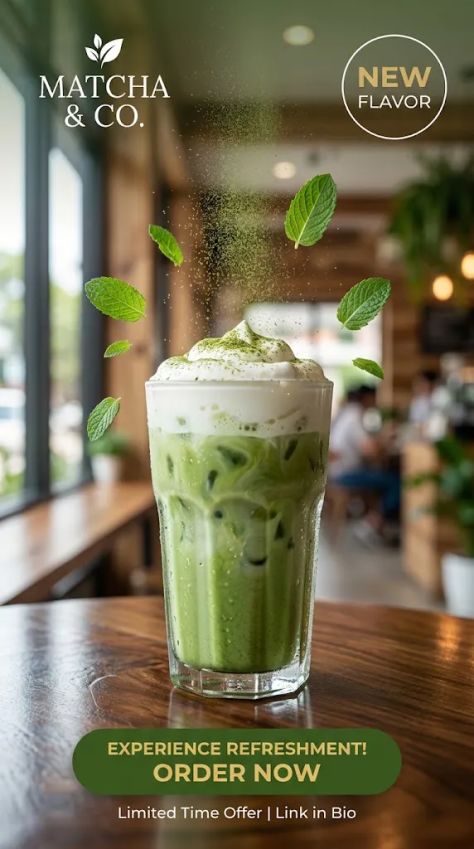 Ultra-realistic social media poster of an iced matcha latte with whipped foam, floating matcha powder, mint leaves, and soft green cinematic background lighting.