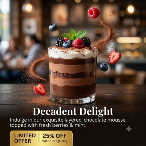 Hyper-Realistic Chocolate Mousse Social Media Advertising Poster