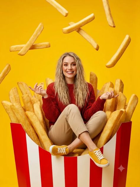 Surreal Commercial Photography of Woman Inside Giant French Fries Carton