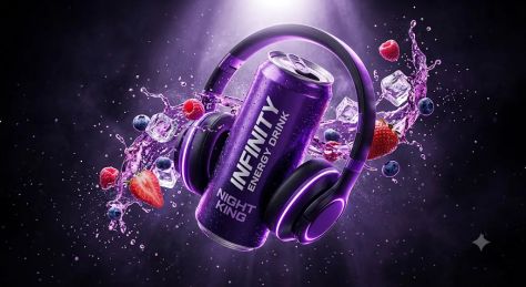 Ultra-Cinematic Purple Energy Drink Night King Advertising Poster with Floating Elements