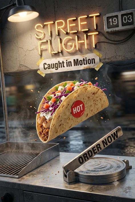 Cinematic Street Taco Flip Poster with Neon Urban Night Scene
