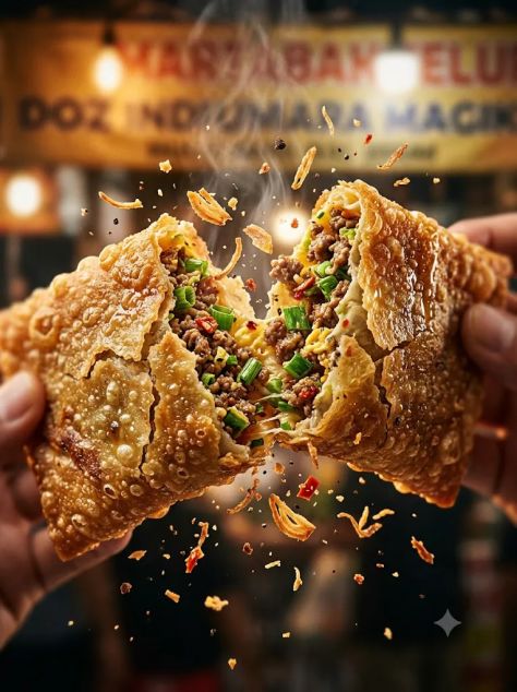 Hyper-Realistic Martabak Telur Macro Food Photography with Mid-Air Explosion Effect