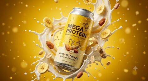 Hyper-Realistic Protein Shake Splash Advertisement with Floating Ingredients