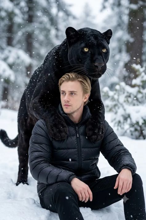 Cinematic Snow Forest Portrait with Black Panther Companion