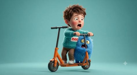 Cute Boy and Blue Monster Electric Scooter Shock Scene