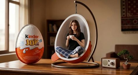 Hyper-Realistic Woman Inside Giant Kinder Joy Egg Swing Scene