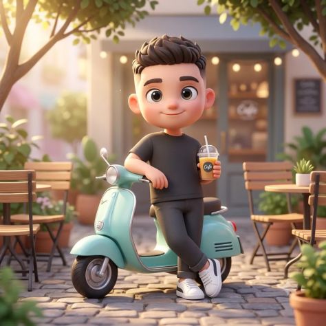 Cute 3D Chibi Character Leaning on Mini Scooter in Café Scene
