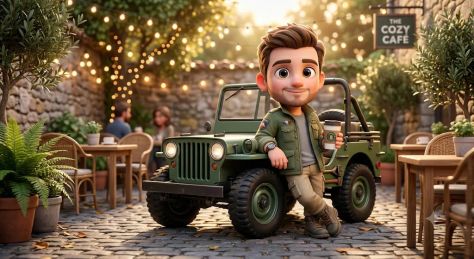 Chibi 3D Character Leaning on Jeep in Cozy Café Scene