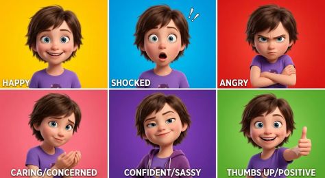 6-Panel Pixar-Style 3D Emotion Character Sheet
