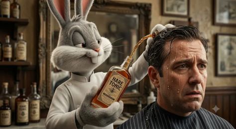 Cinematic Bugs Bunny Barbershop Hair Tonic Scene