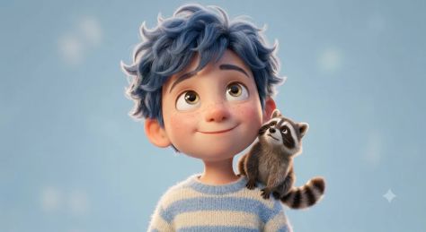 Cute 3D Animated Boy with Raccoon Shoulder Companion