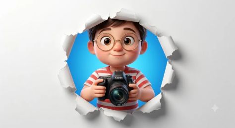 Cute 3D Cartoon Photographer Emerging Through Paper Wall