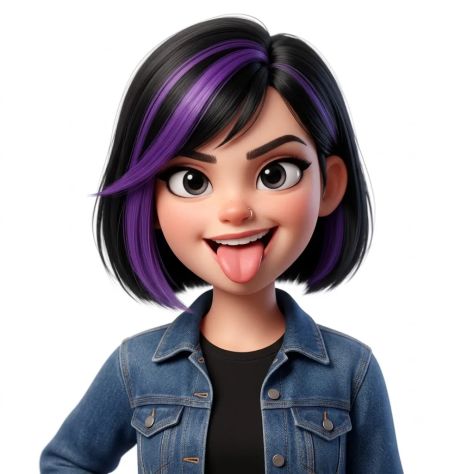 Pixar-Style Edgy 3D Avatar Portrait with Denim Jacket and Purple Hair Streak