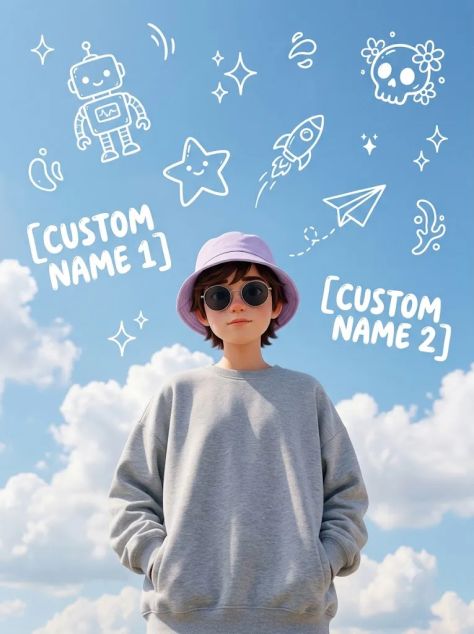 Dreamy Low-Angle Gen Z Portrait with Kawaii Sky Doodles