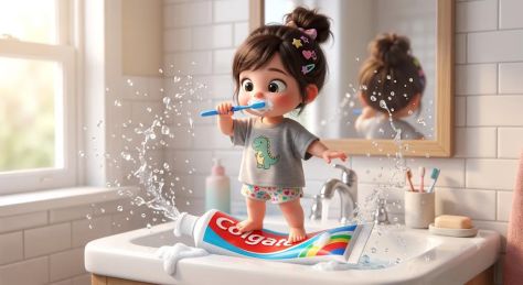 Whimsical 3D Pixar-Style Bathroom Sink Scene with Toddler Brushing Teeth