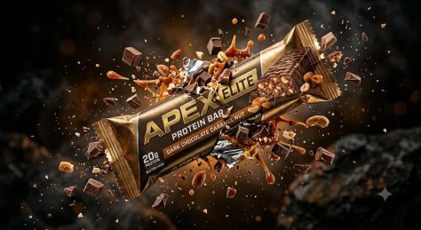 Premium Protein Bar Explosion – Ultra-Cinematic Fitness Luxury Product Photography