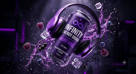 Ultra-Cinematic Purple Energy Drink Hero Shot – “INFINITY ENERGY DRINK – NIGHT KING” Luxury Splash Campaign