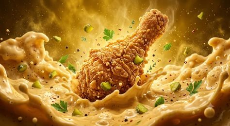 Mythic Fried Chicken Artifact Rising from Cream Sauce Tide – Epic Cinematic Food Universe Scene