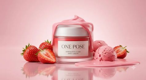 Luxury Strawberry Cream ONE POSE Skincare Product Ad