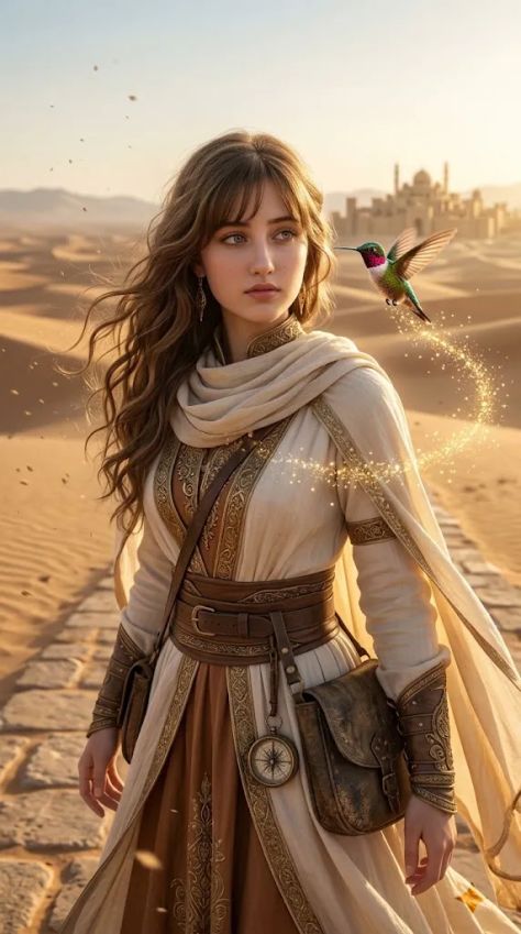 Photorealistic Portrait Desert Mysterious Golden Hour