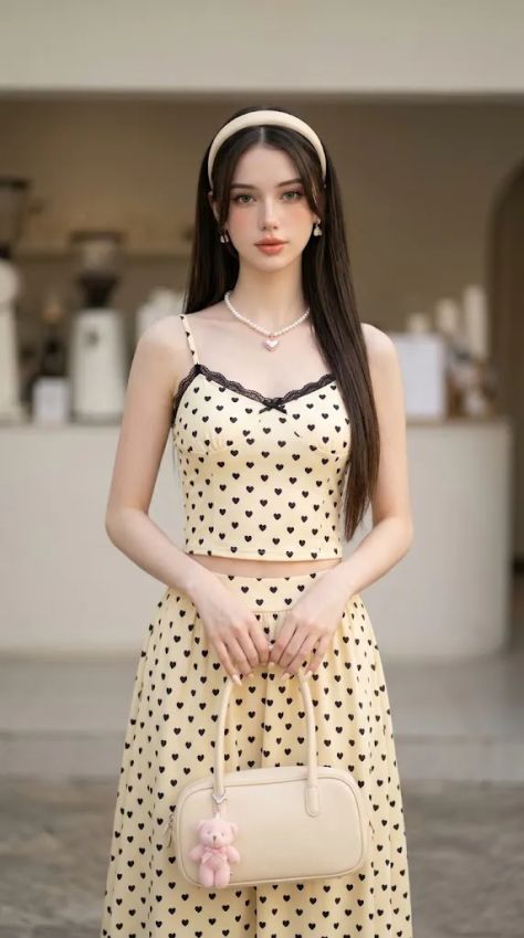 Young woman in vintage cream camisole and flowing skirt standing outside a minimalist cafe