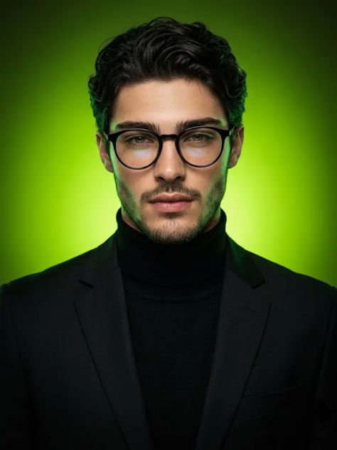 Executive studio portrait of a man in black blazer and glasses with vibrant lime green rim light