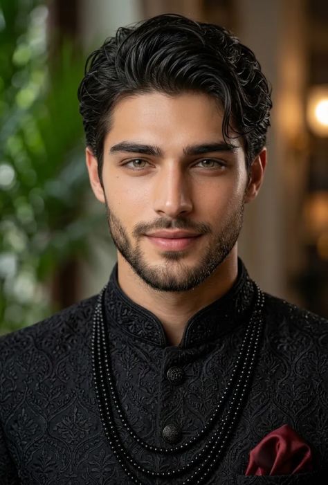 Close-up portrait of a handsome South Asian man in an embroidered black sherwani