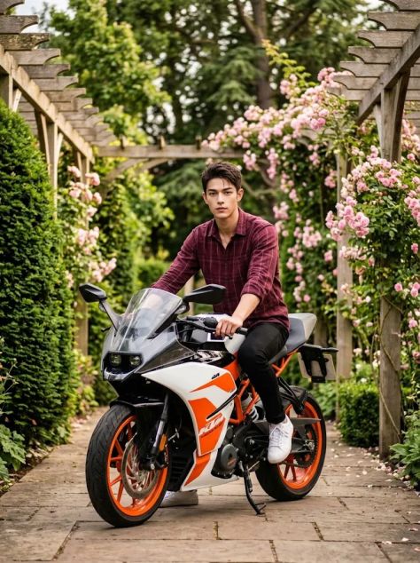 Young man seated on a white and orange sport motorcycle along a floral garden path