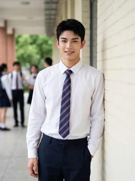 Cheerful schoolboy in neat uniform standing beside a painted brick school wall
